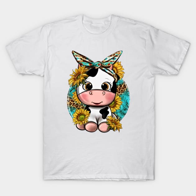 Cute Cow With Sunflower And Leopard, Hand Drawn Cow, Baby Cow T-Shirt by MichaelStores